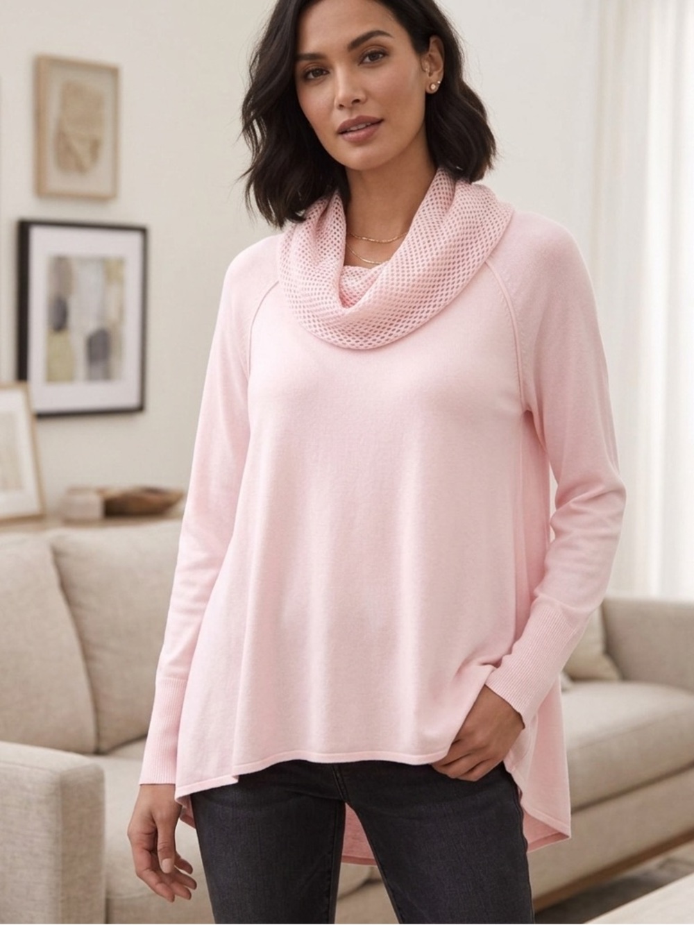 Prophecy Light Pink Cowl Neck Long Sleeve Knit Top with Textured Mesh Collar